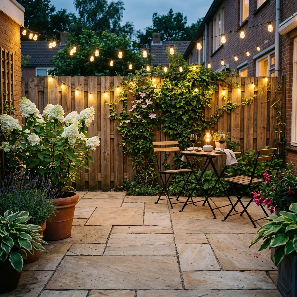 Klein terras van beige natuursteen in halfsteens verband bij schemering, met lichtsnoer, ronde tafel en hortensia in potten